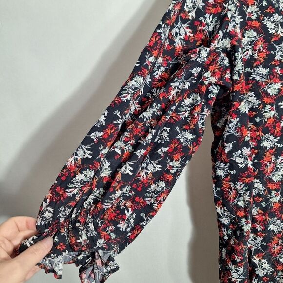 Zara Womens Cottagecore Tunic Top Floral 3/4 Sleeve Cinch Cuff Split Neck Small - Picture 6 of 12